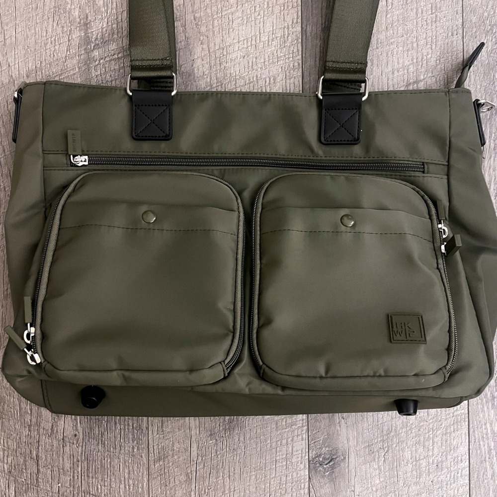 IHKWIP Olive Green Nylon Laptop Tote Bag Work Travel Commuter Multi Pocket - Picture 2 of 7